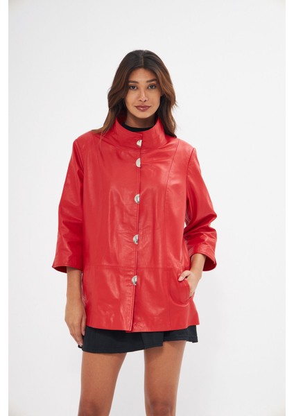 Kadın Hakiki Deri Ceket Kırmızı Renk Yarasa Kol Önleri Çıt Çıtlı indirimleri