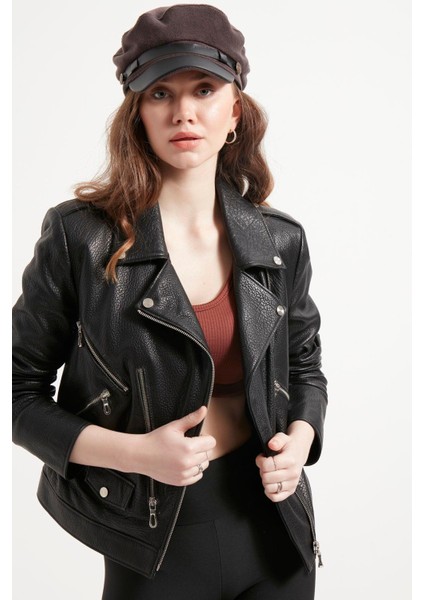 Kadın Siyah Hakiki Jumbo Deri Ceket