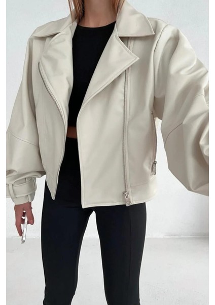 Kadın Krem Oversize Deri Ceket