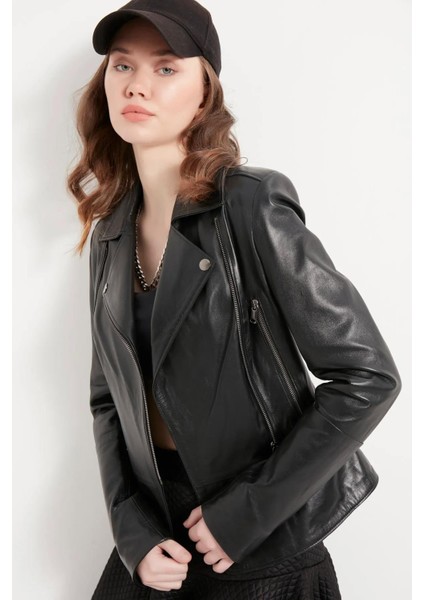 Kadın Siyah Hakiki Deri Ceket modelleri