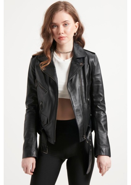 Kadın Siyah Cep Detaylı Hakiki Deri Ceket fiyatları