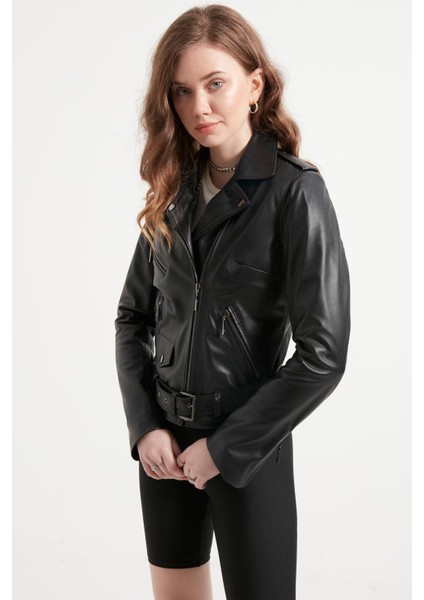 Kadın Siyah Cep Detaylı Hakiki Deri Ceket indirimleri