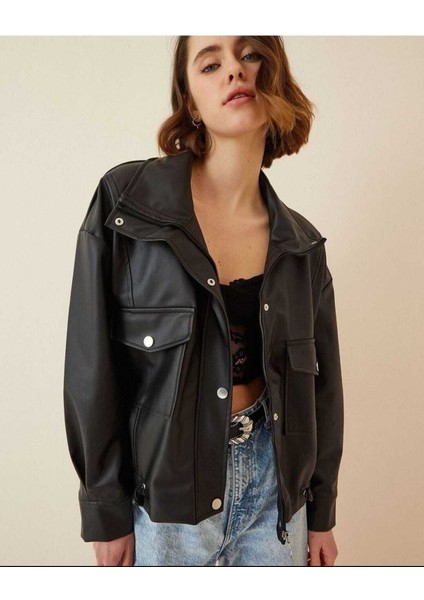 Yanlardan Büzgü Detaylı Deri Ceket - Oversize fiyatları