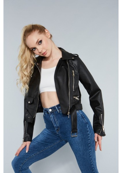 Kadın Kol Fermuarlı Cep Detaylı Deri Ceket modelleri