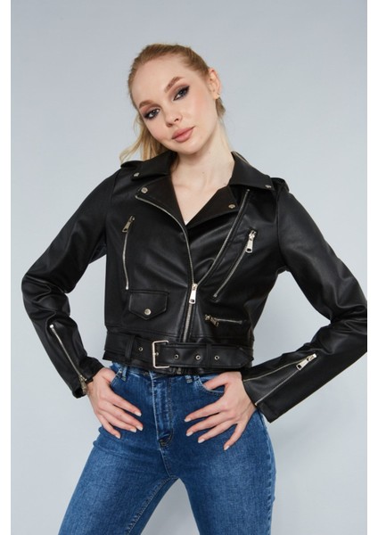 Kadın Kol Fermuarlı Cep Detaylı Deri Ceket indirimleri