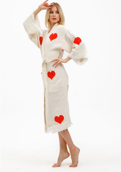Müslin Kimono %100 Pamuklu Kalp Baskılı Desenli Bornoz Kaftan Sabahlık