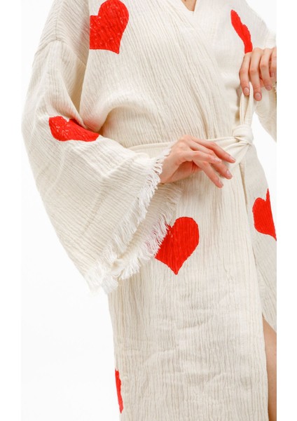 Müslin Kimono %100 Pamuklu Kalp Baskılı Desenli Bornoz Kaftan Sabahlık