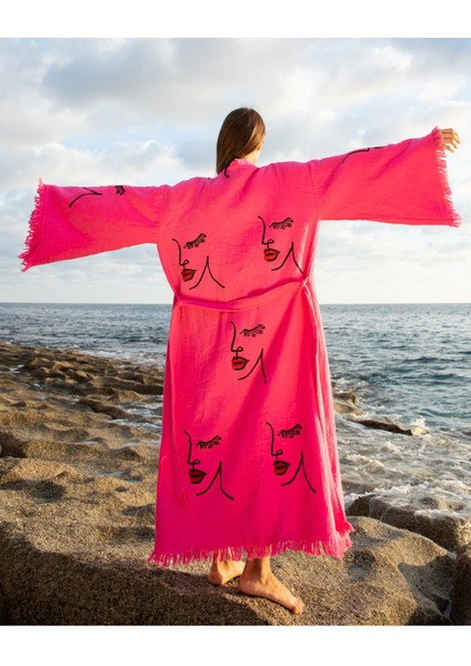 Müslin Kimono %100 Pamuklu Kadın Silüeti Desenli Bornoz Kaftan Sabahlık
