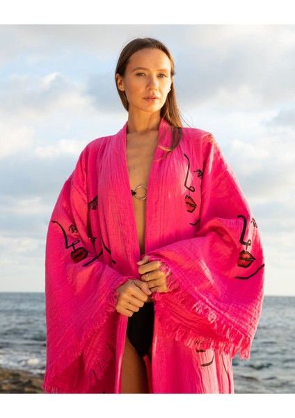 Müslin Kimono %100 Pamuklu Kadın Silüeti Desenli Bornoz Kaftan Sabahlık