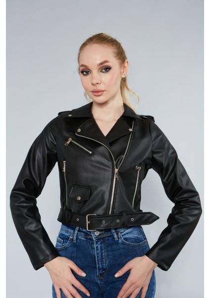 Kadın Kol Fermuarlı Cep Detaylı Deri Ceket