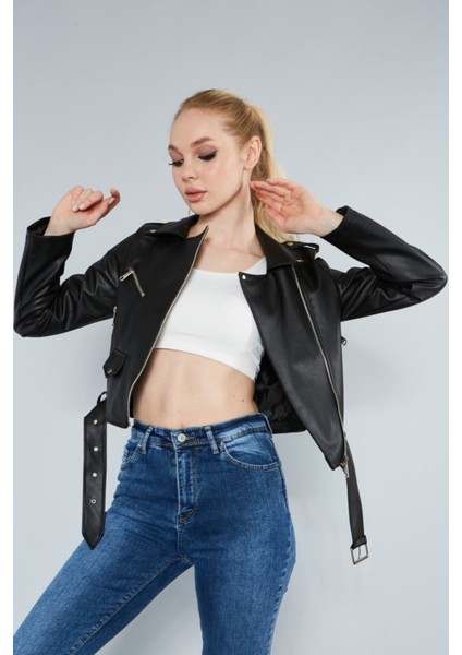 Kadın Kol Fermuarlı Cep Detaylı Deri Ceket fiyatları