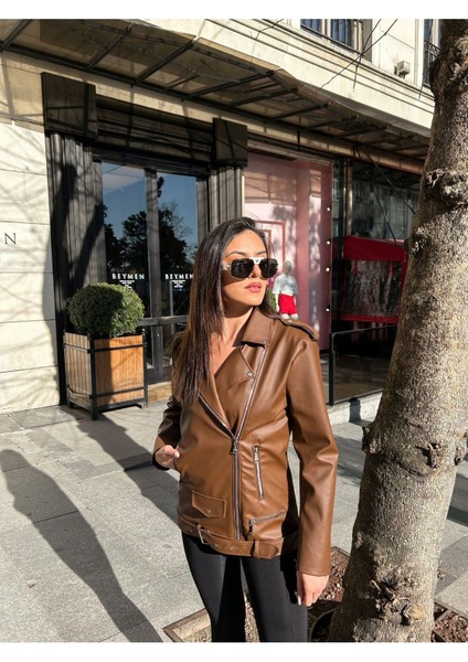 Kadın Oversize Biker Deri Ceket