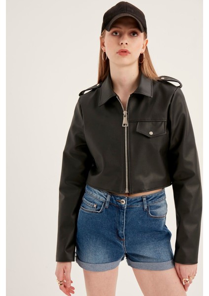 Kadın Siyah Crop Deri Ceket modelleri