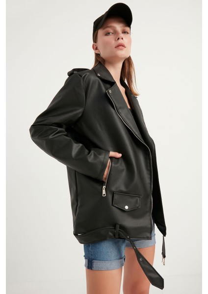 Kadın Oversize Biker Deri Ceket