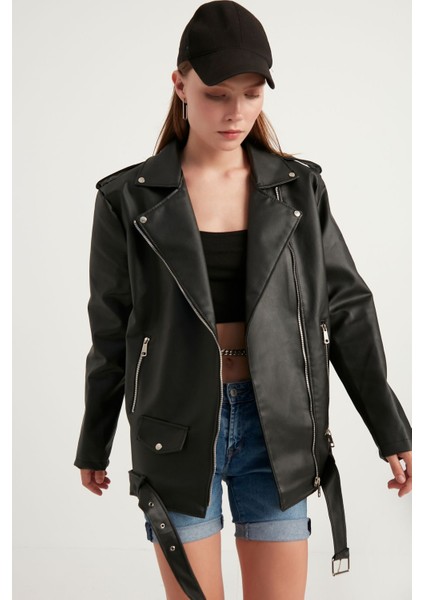 Kadın Oversize Biker Deri Ceket