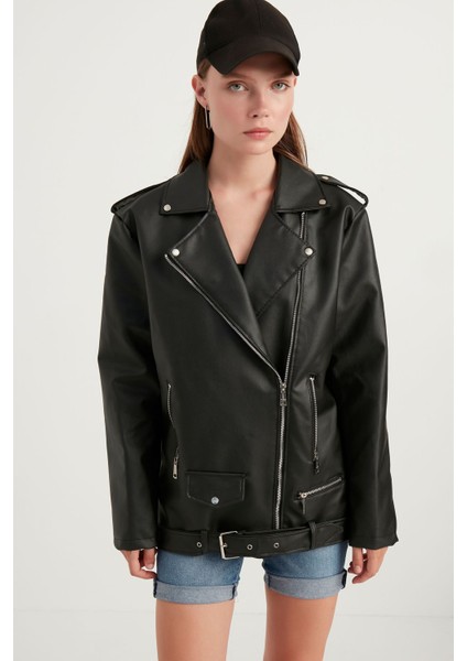 Kadın Oversize Biker Deri Ceket