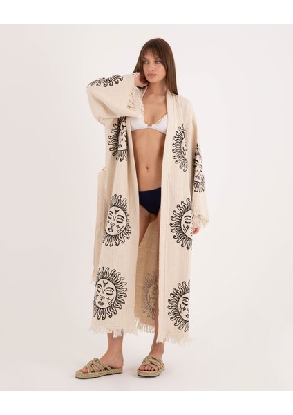 Müslin Kimono %100 Pamuklu Güneş Baskılı Desenli Bornoz Kaftan Sabahlık indirimleri