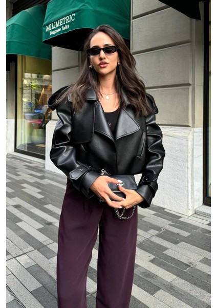 Oversize Siyah Deri Ceket