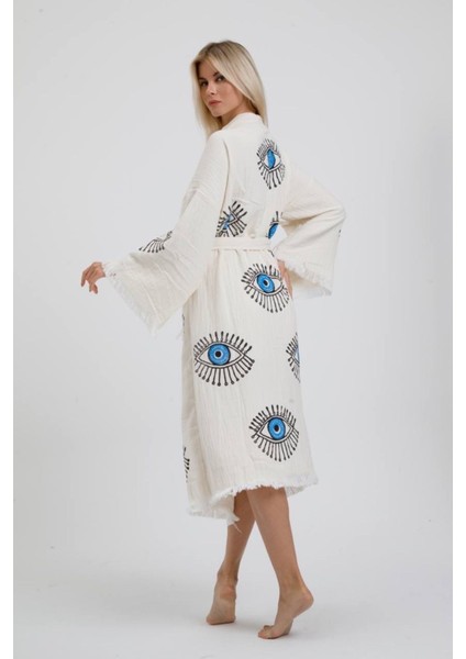 Müslin Kimono %100 Pamuklu Göz Baskılı Desenli Bornoz Kaftan Sabahlık