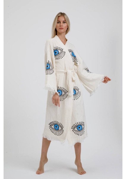 Müslin Kimono %100 Pamuklu Göz Baskılı Desenli Bornoz Kaftan Sabahlık