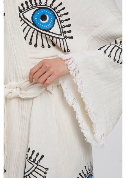 Müslin Kimono %100 Pamuklu Göz Baskılı Desenli Bornoz Kaftan Sabahlık