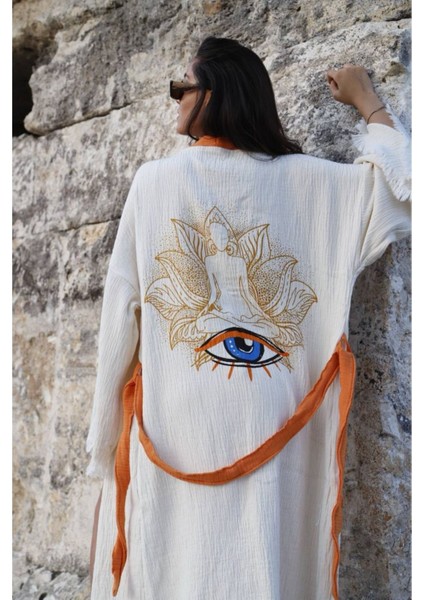 Müslin Kimono %100 Pamuklu Yoga Meditasyon Baskılı Desenli Bornoz Kaftan Sabahlık