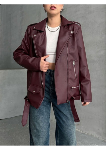 Kadın Oversize Biker Deri Ceket