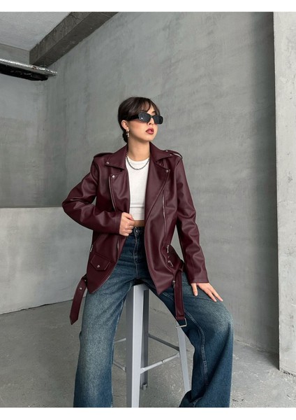 Kadın Oversize Biker Deri Ceket