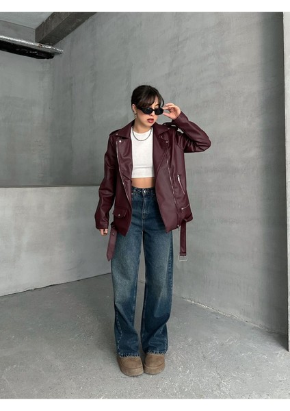 Kadın Oversize Biker Deri Ceket