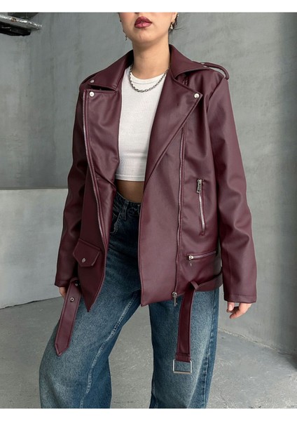 Kadın Oversize Biker Deri Ceket