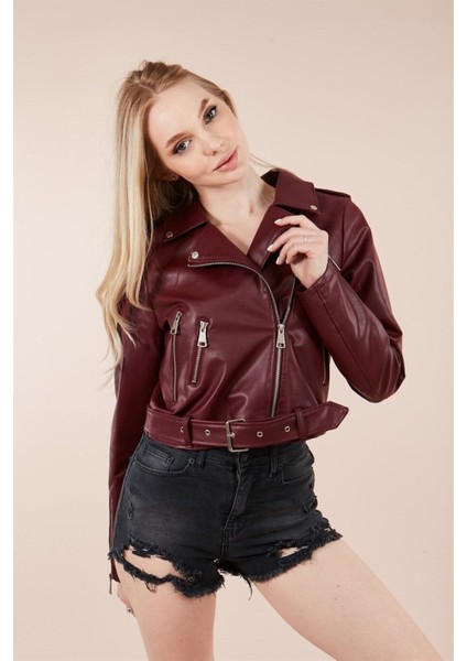 Kadın Bordo Deri Ceket