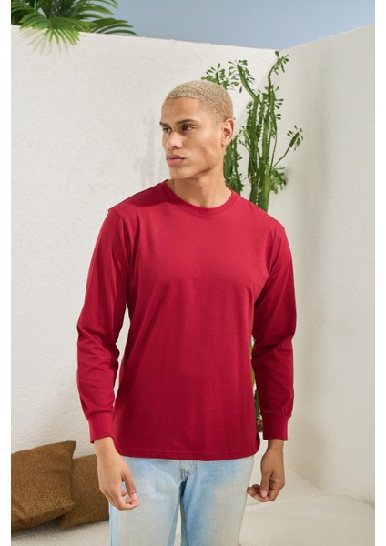 Erkek Regular Fit Uzun Kol Bordo T-Shirt C3T1N5