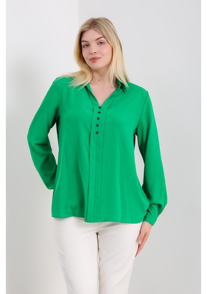 Yeşil Oversize Uzun Kollu Yarım Pat Düğmeli Bluz - Rahat ve Şık Tasarım