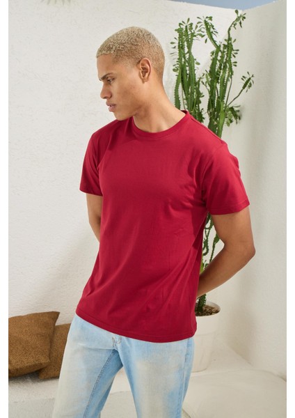 Erkek Regular Fit Kol Kısa Bordo T-Shirt C0T1N5