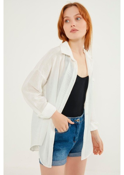 Kadın Beyaz Hafif Oversize Keten Gömlek fiyatları