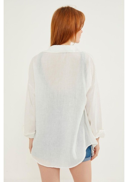 Kadın Beyaz Hafif Oversize Keten Gömlek modelleri