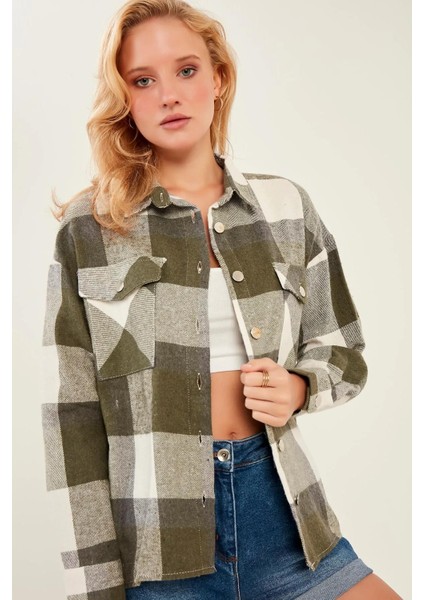 Kadın Yeşil Ekoseli Cepli Oduncu Gömlek modelleri