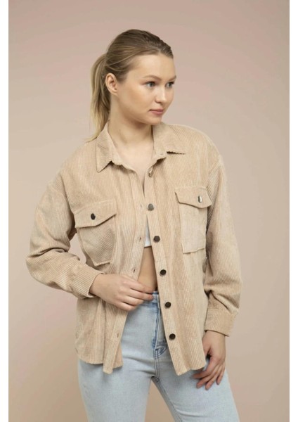 Kadın Kum Kadife Hafif Oversize Gömlek
