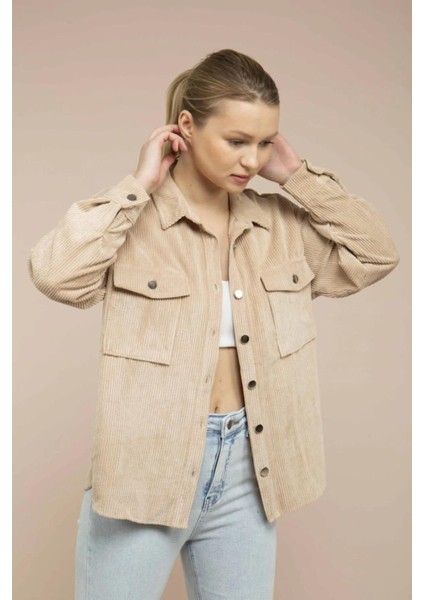 Kadın Kum Kadife Hafif Oversize Gömlek modelleri