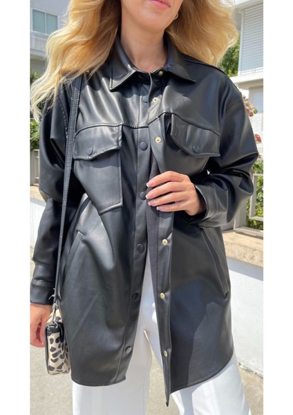 Siyah Ince Şardonlu Cep Detaylı Suni Deri Gömlek fiyatları