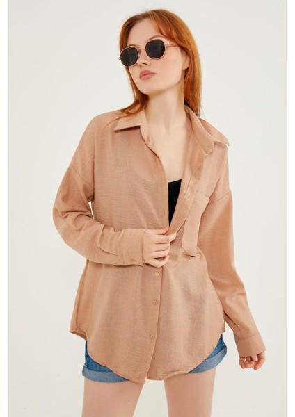 Kadın Kahve Hafif Oversize Keten Gömlek
