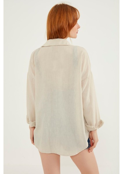 Kadın Krem Hafif Oversize Keten Gömlek
