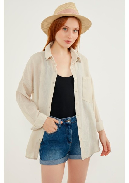 Kadın Krem Hafif Oversize Keten Gömlek fiyatları