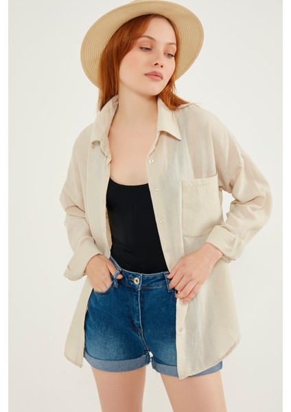 Kadın Krem Hafif Oversize Keten Gömlek modelleri