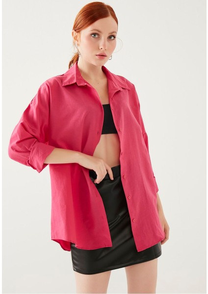 Kadın Koyu Pembe Oversize Uzun Basic Gömlek
