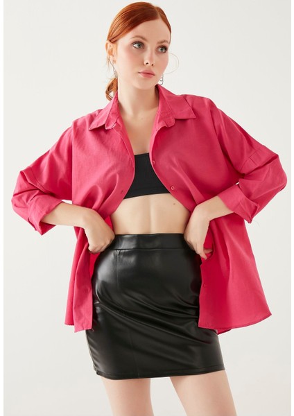 Kadın Koyu Pembe Oversize Uzun Basic Gömlek