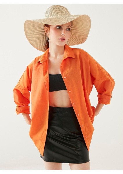 Kadın Oranj Oversize Uzun Basic Gömlek