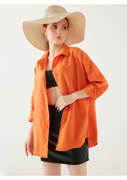 Kadın Oranj Oversize Uzun Basic Gömlek