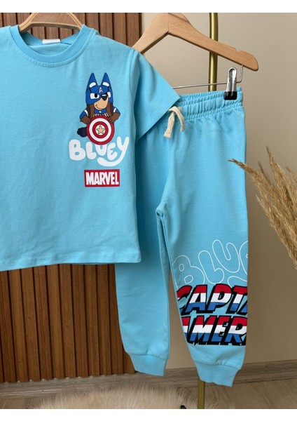 Erkek Çocuk Pamuklu Mavi Bluey & Marvel Baskılı Takım - Kaptan Amerika Temalı fiyatları