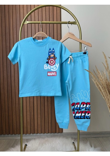 Erkek Çocuk Pamuklu Mavi Bluey & Marvel Baskılı Takım - Kaptan Amerika Temalı modelleri